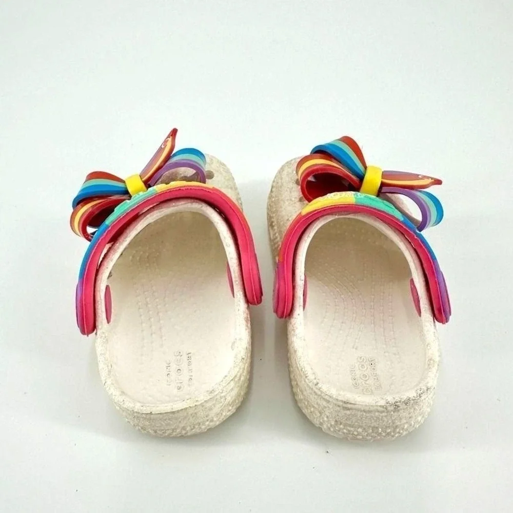 Rainbow Coquette Glitter Crocs‎ Kids Size 4 Bow Slip On Garden Shoes